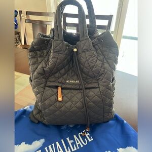 MZ Wallace Grey Quilted Backpack with Drawstring Closure